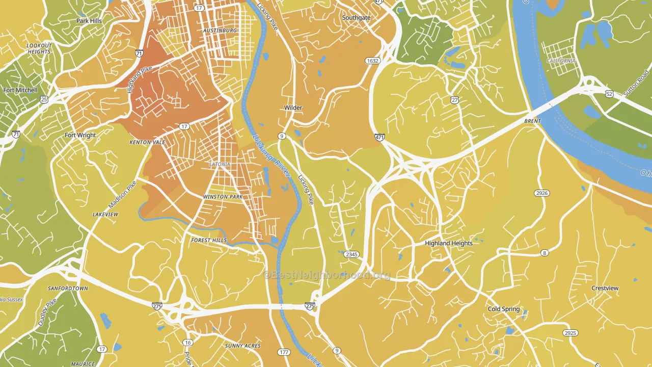 Map of the best neighborhoods in the Wilder area, with better matches in green and worse matches in red