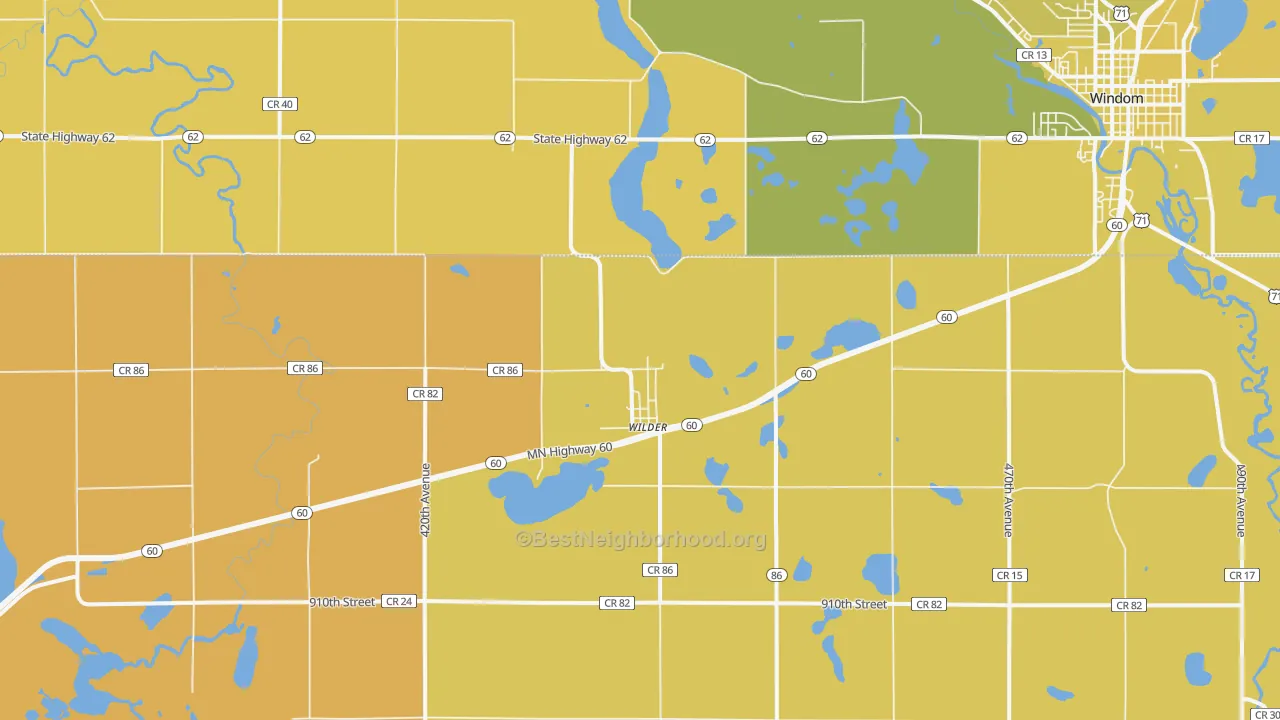 Map of the best neighborhoods in the Wilder area, with better matches in green and worse matches in red
