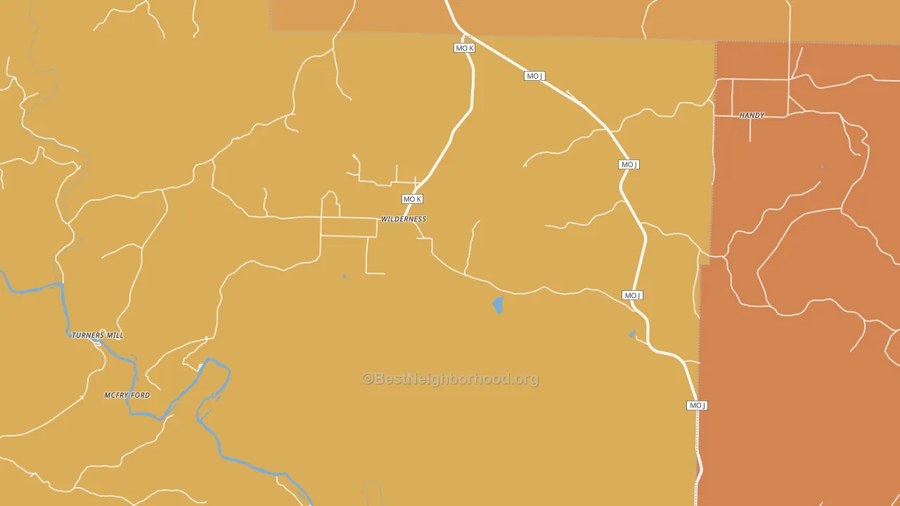 Map of the best neighborhoods in the Wilderness area, with better matches in green and worse matches in red