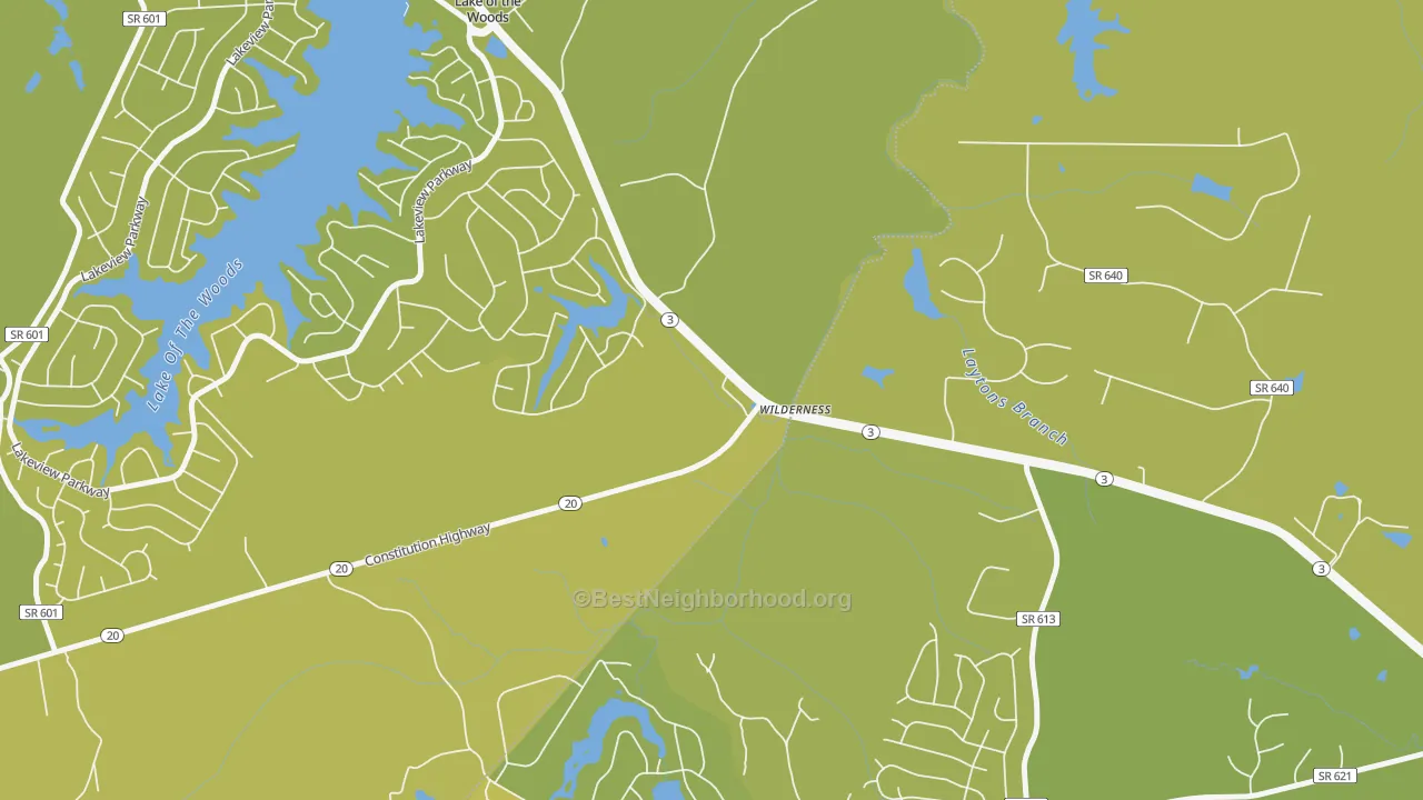 Map of the best neighborhoods in the Wilderness area, with better matches in green and worse matches in red