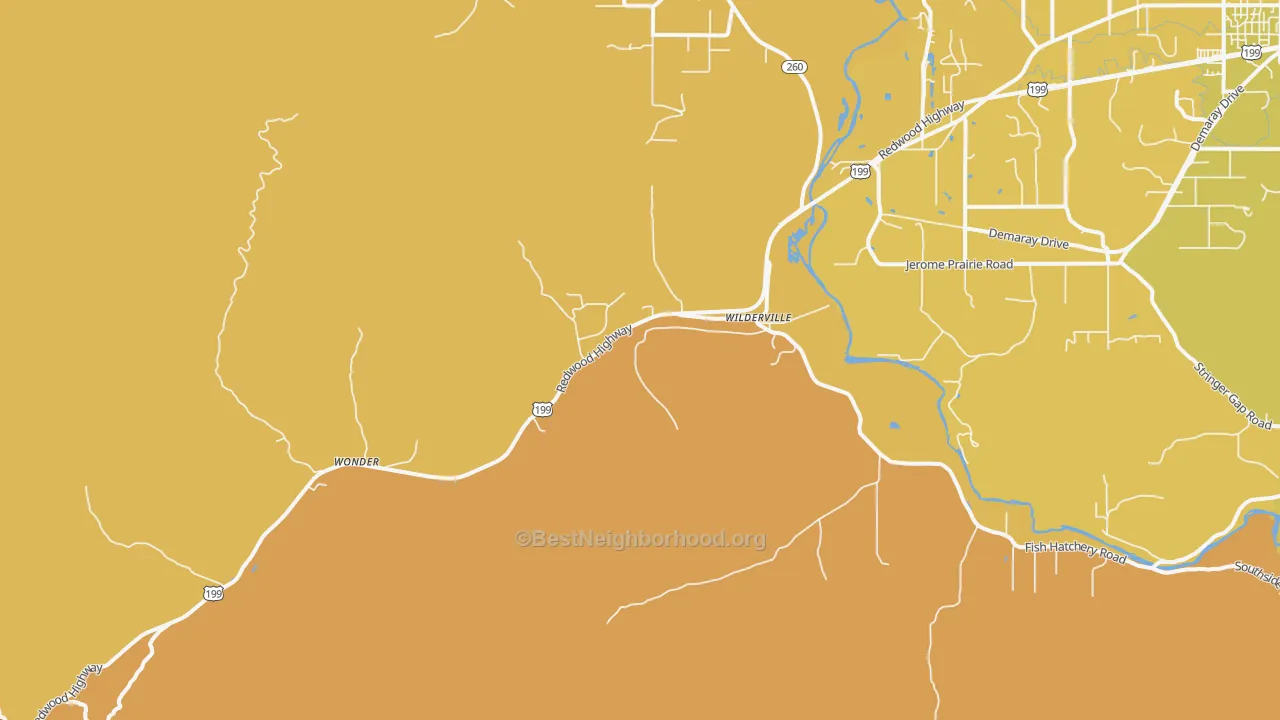 Map of the best neighborhoods in the Wilderville area, with better matches in green and worse matches in red