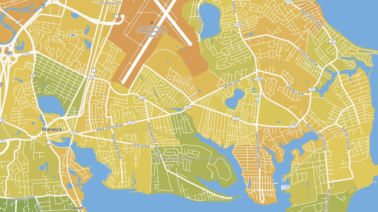 Map of the best neighborhoods in the Wildes Corner, Warwick area, with better matches in green and worse matches in red