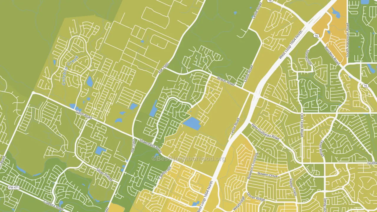 Map of the best neighborhoods in the Wildhorse, San Antonio area, with better matches in green and worse matches in red
