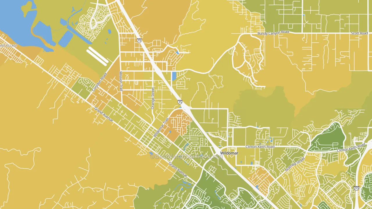 Map of the best neighborhoods in the Wildomar area, with better matches in green and worse matches in red