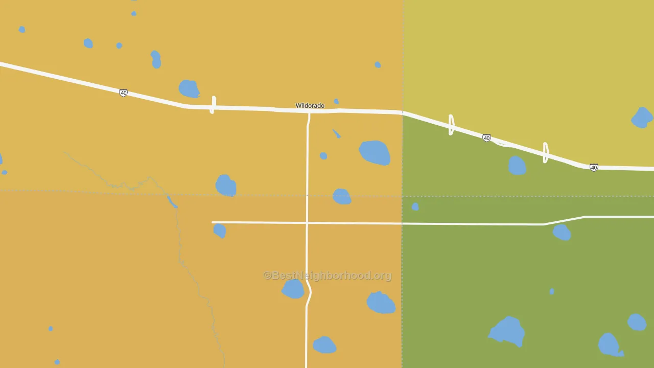 Map of the best neighborhoods in the Wildorado area, with better matches in green and worse matches in red
