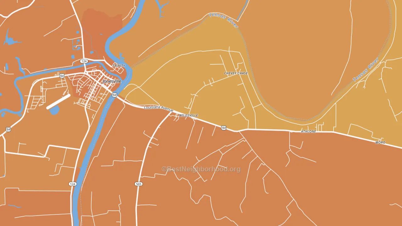 Map of the best neighborhoods in the Wildsville area, with better matches in green and worse matches in red