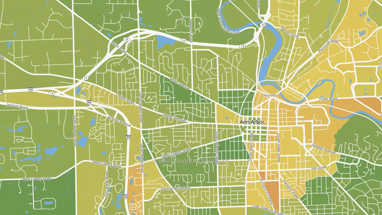 Map of the best neighborhoods in the Wildwood, Ann Arbor area, with better matches in green and worse matches in red