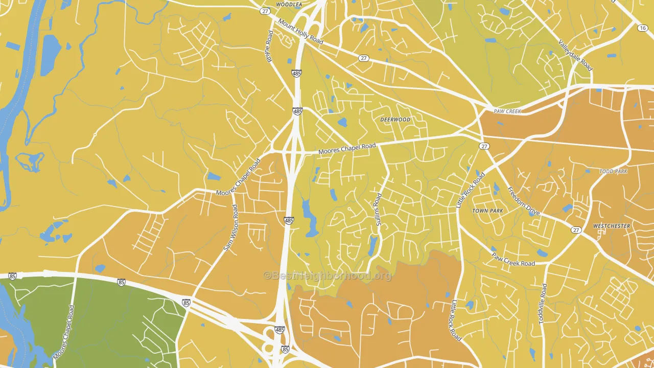 Map of the best neighborhoods in the Wildwood, Charlotte area, with better matches in green and worse matches in red