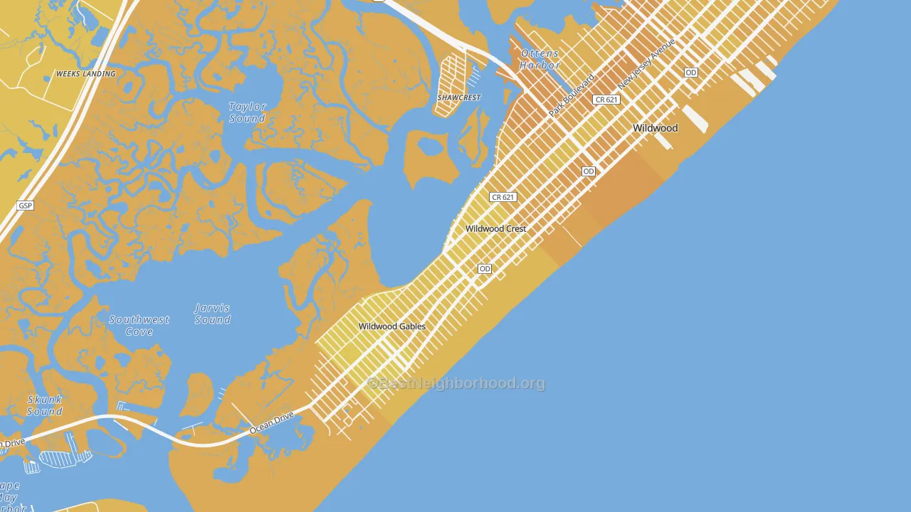 Map of the best neighborhoods in the Wildwood Crest area, with better matches in green and worse matches in red