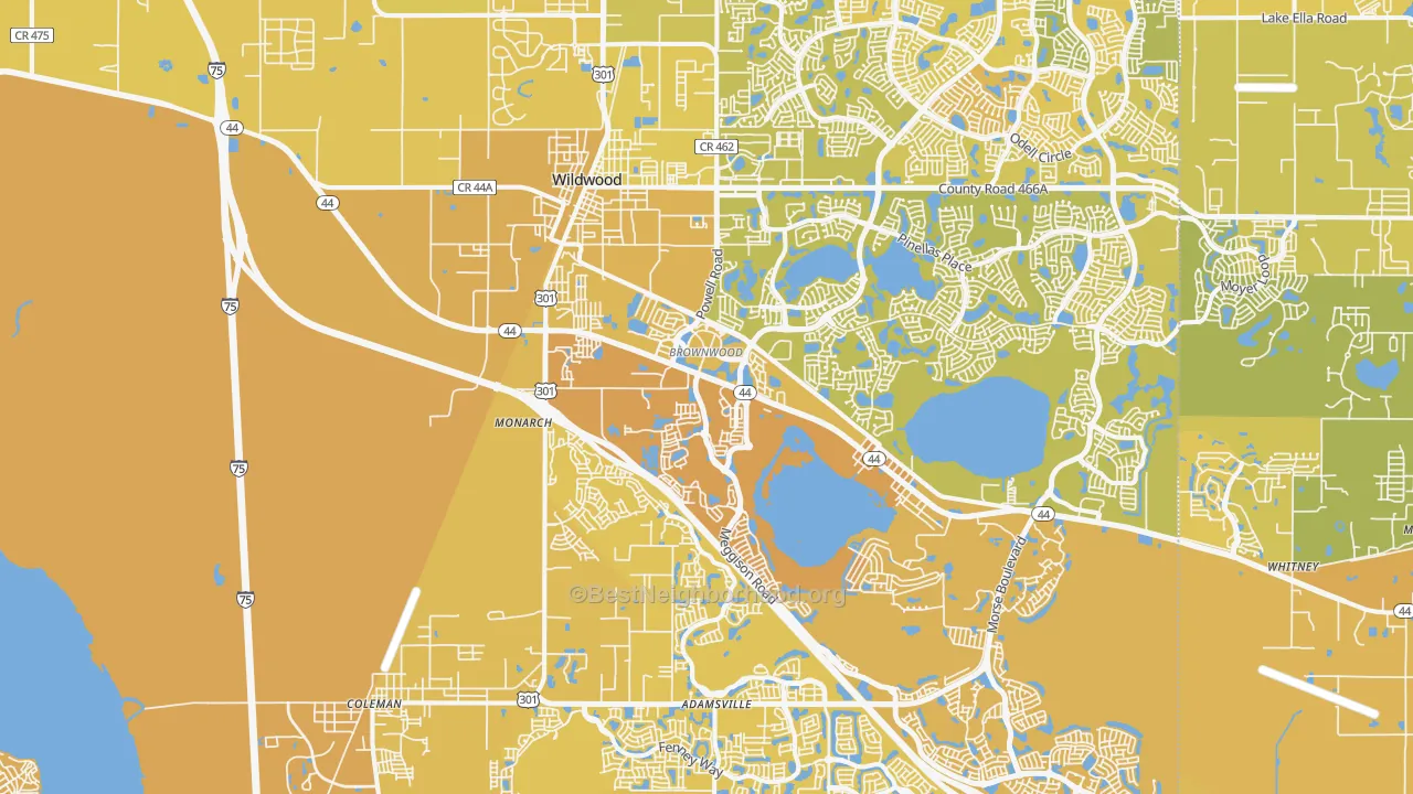 Map of the best neighborhoods in the Wildwood Metro area, with better matches in green and worse matches in red