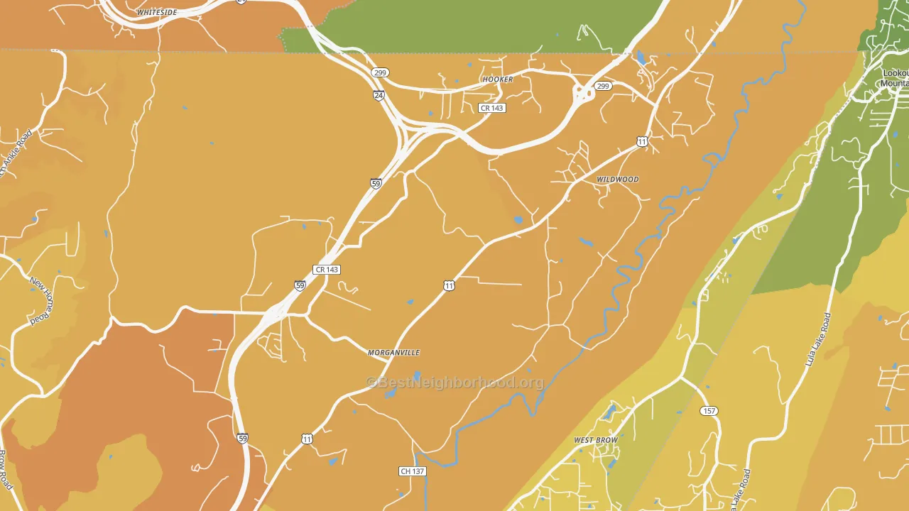 Map of the best neighborhoods in the Wildwood area, with better matches in green and worse matches in red