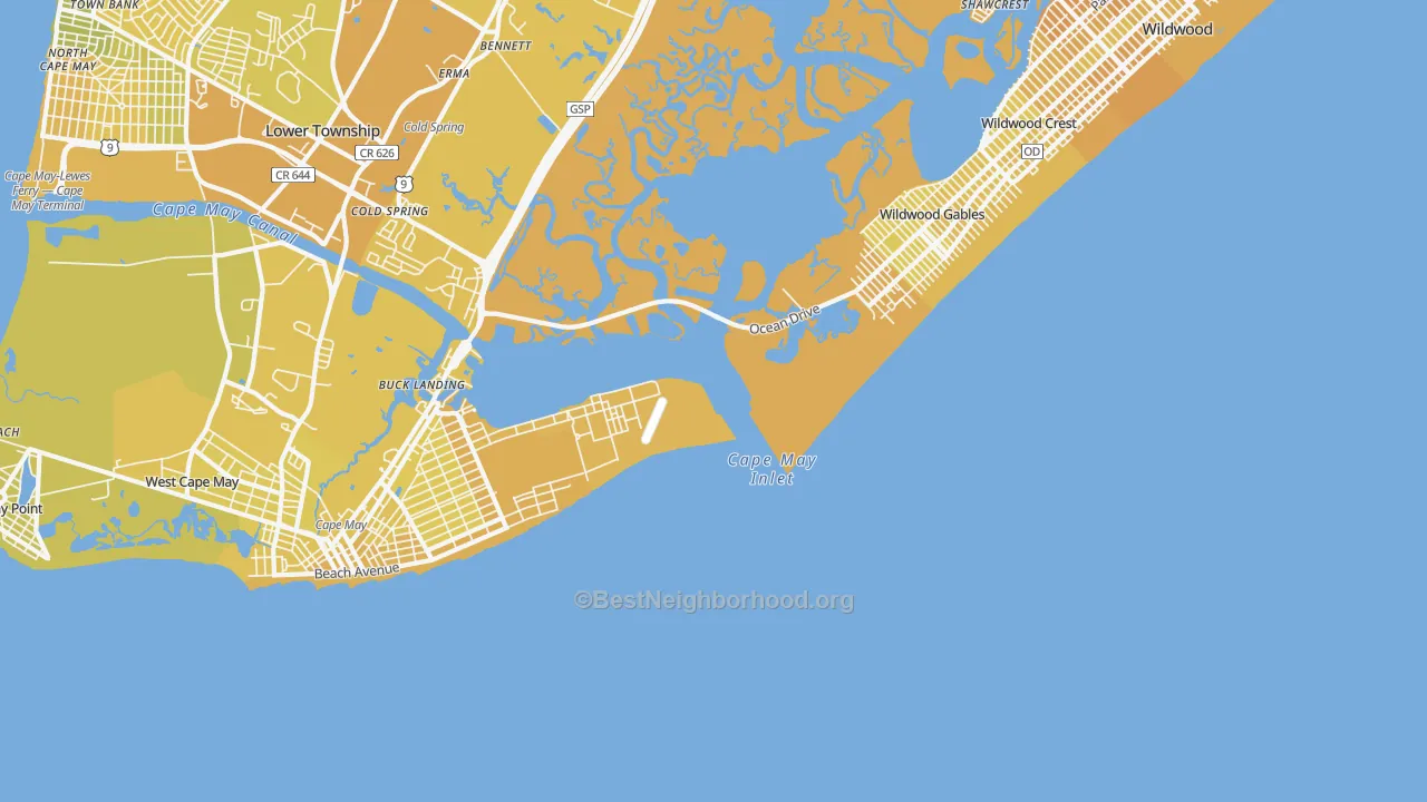Map of the best neighborhoods in the Wildwood Gables area, with better matches in green and worse matches in red
