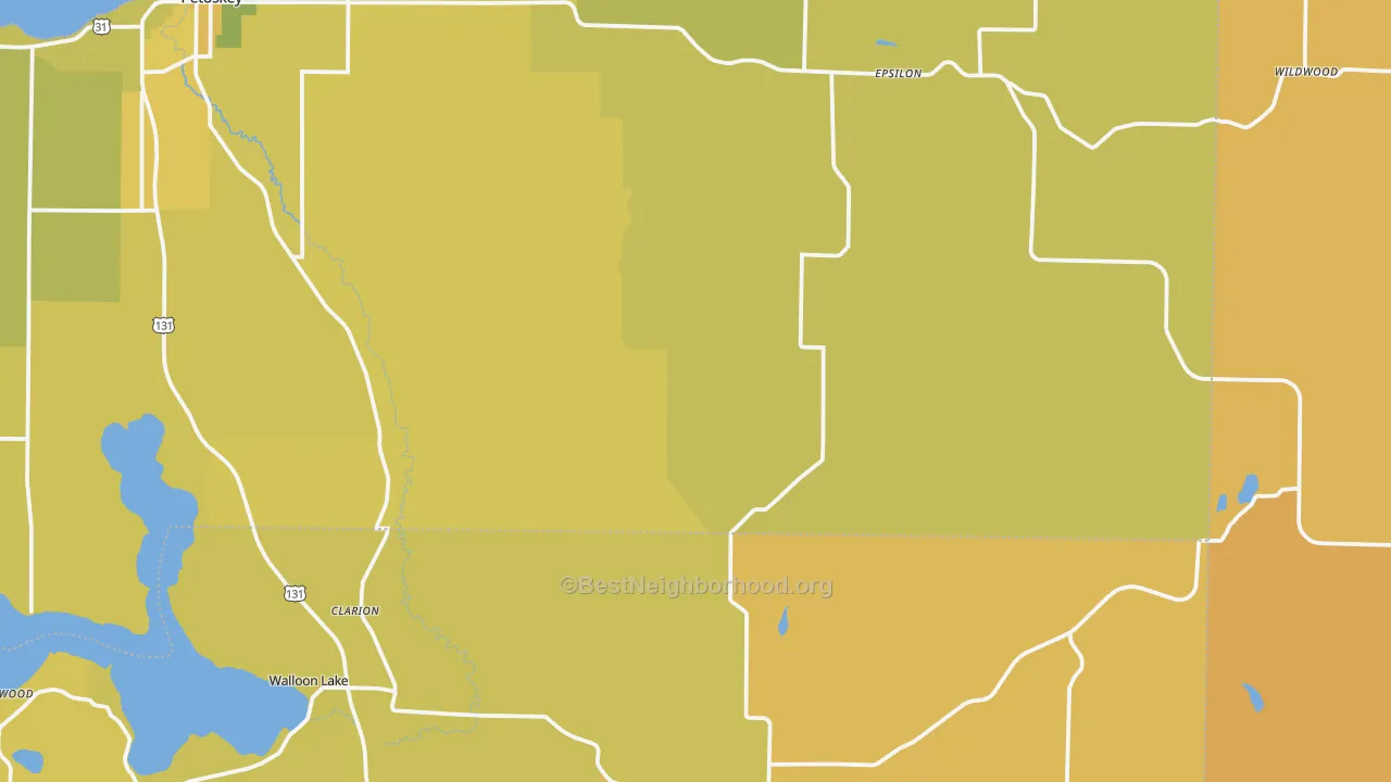 Map of the best neighborhoods in the Wildwood area, with better matches in green and worse matches in red