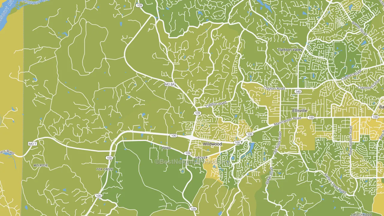Map of the best neighborhoods in the Wildwood area, with better matches in green and worse matches in red