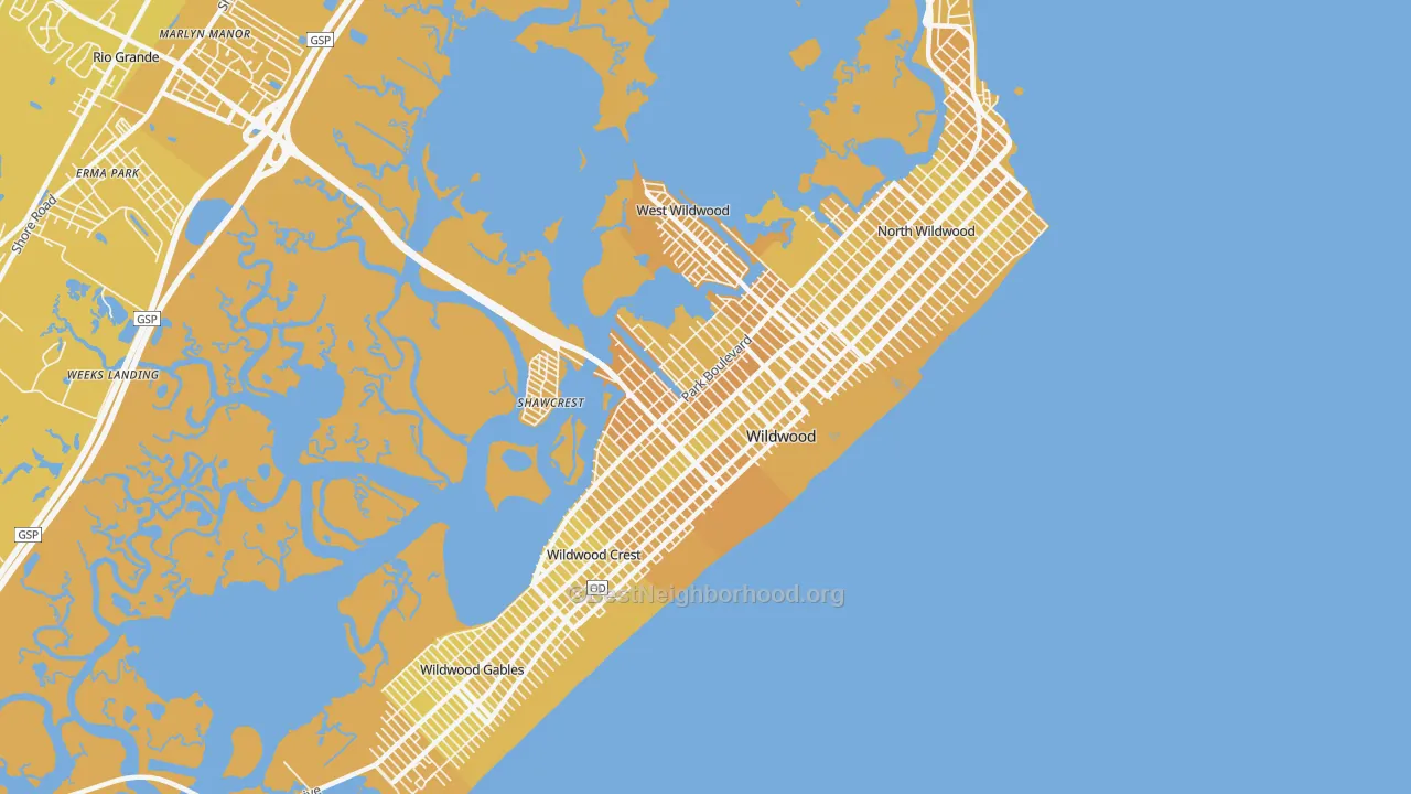 Map of the best neighborhoods in the Wildwood area, with better matches in green and worse matches in red