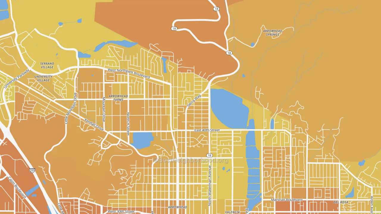 Map of the best neighborhoods in the Wildwood Park, San Bernardino area, with better matches in green and worse matches in red