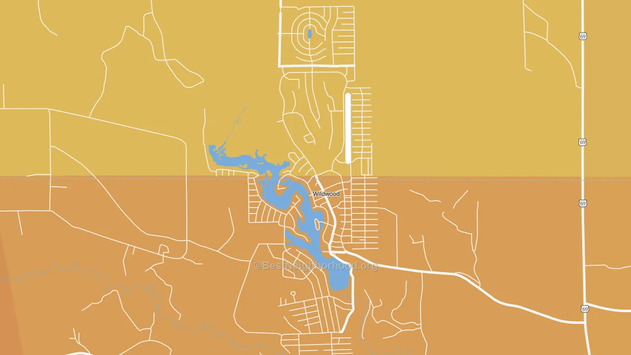Map of the best neighborhoods in the Wildwood area, with better matches in green and worse matches in red