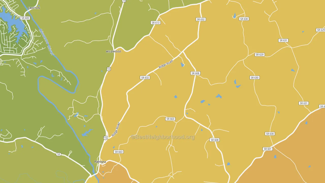 Map of the best neighborhoods in the Wildwood area, with better matches in green and worse matches in red