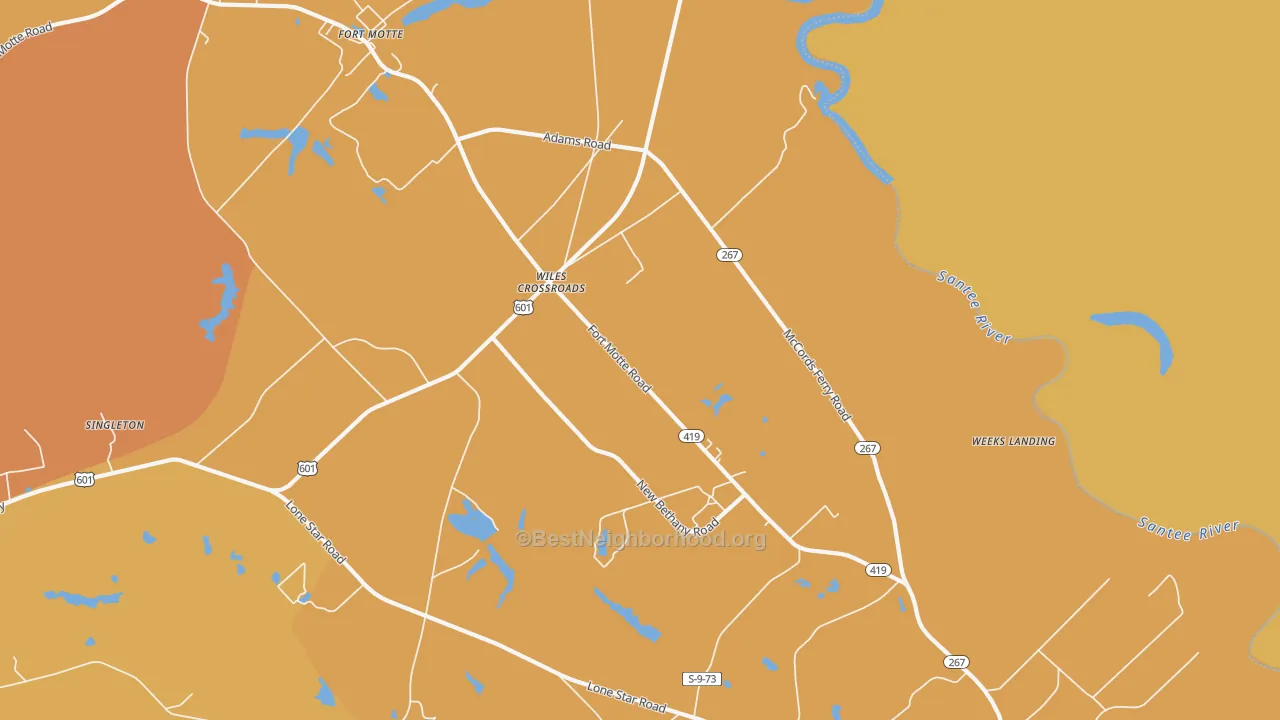 Map of the best neighborhoods in the Wiles Crossroads area, with better matches in green and worse matches in red
