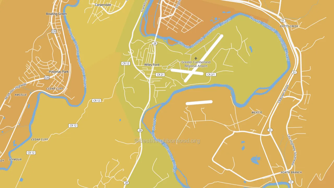 Map of the best neighborhoods in the Wiley Ford area, with better matches in green and worse matches in red