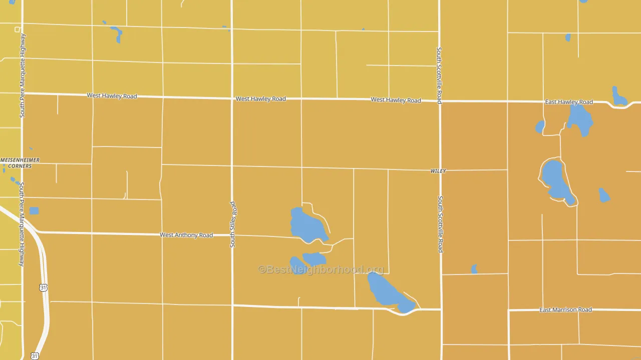 Map of the best neighborhoods in the Wiley area, with better matches in green and worse matches in red