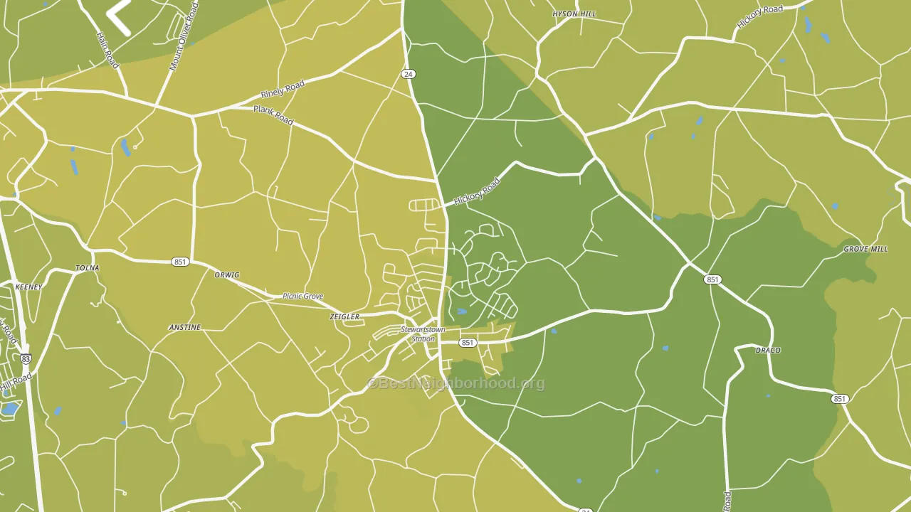 Map of the best neighborhoods in the Wiley area, with better matches in green and worse matches in red