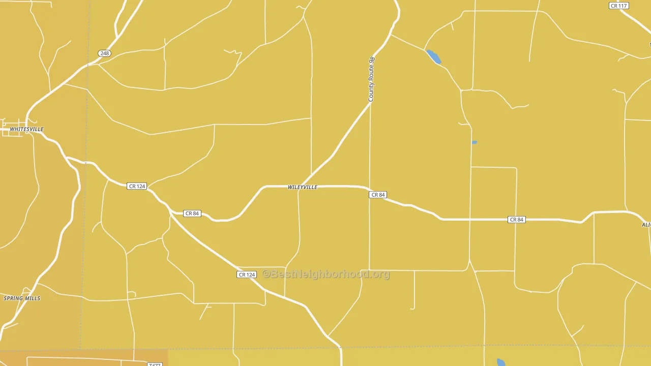 Map of the best neighborhoods in the Wileyville area, with better matches in green and worse matches in red