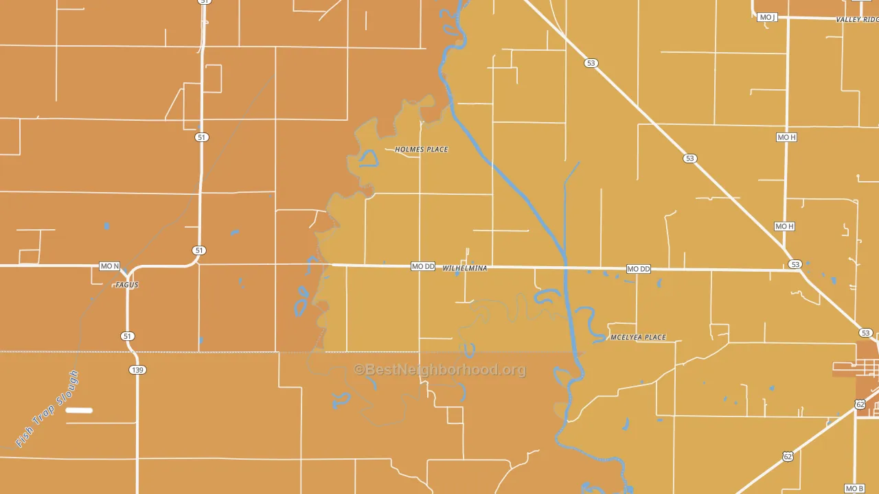 Map of the best neighborhoods in the Wilhelmina area, with better matches in green and worse matches in red