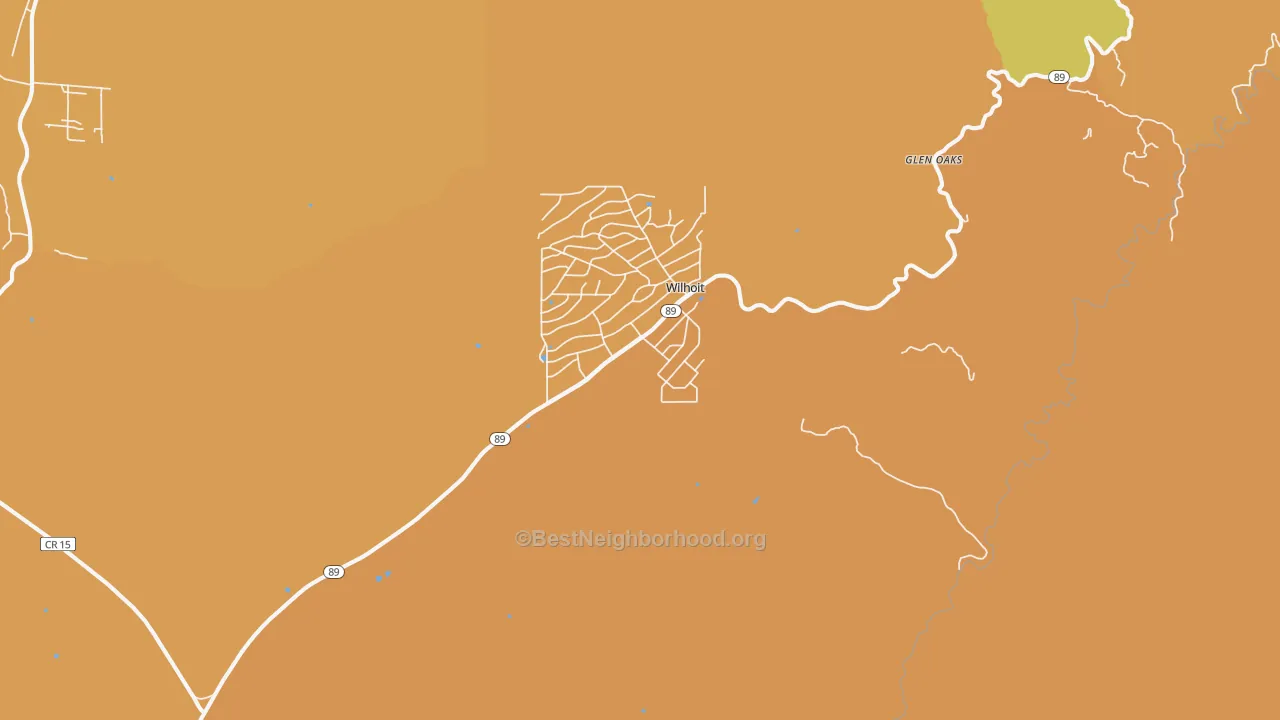 Map of the best neighborhoods in the Wilhoit area, with better matches in green and worse matches in red