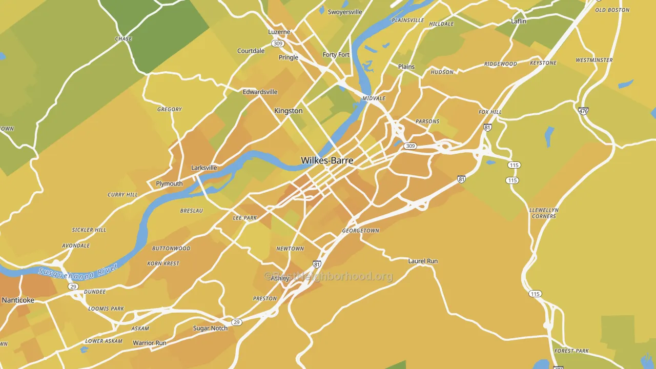 Map of the best neighborhoods in the Wilkes-Barre area, with better matches in green and worse matches in red