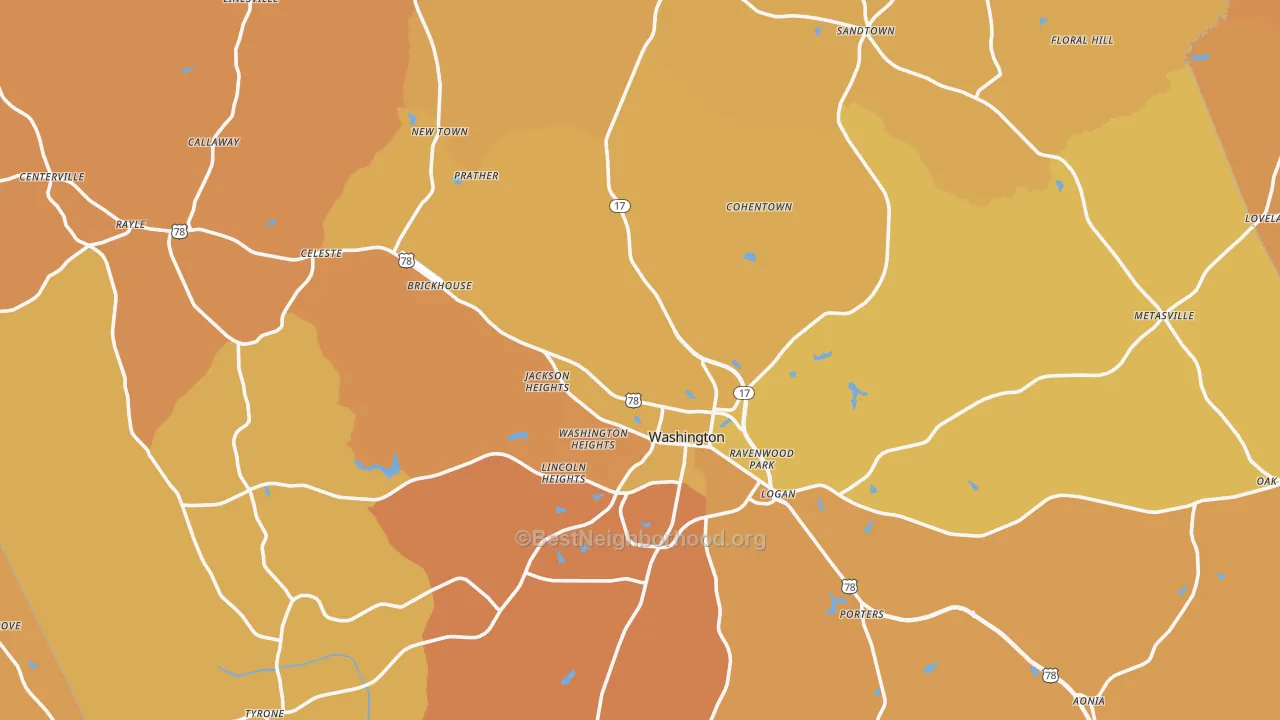 Map of the best neighborhoods in the Wilkes County area, with better matches in green and worse matches in red