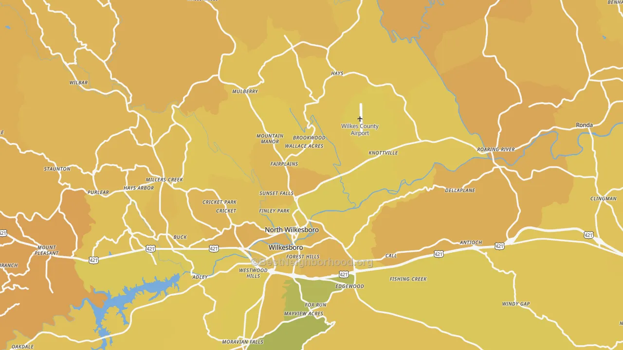 Map of the best neighborhoods in the Wilkes County area, with better matches in green and worse matches in red