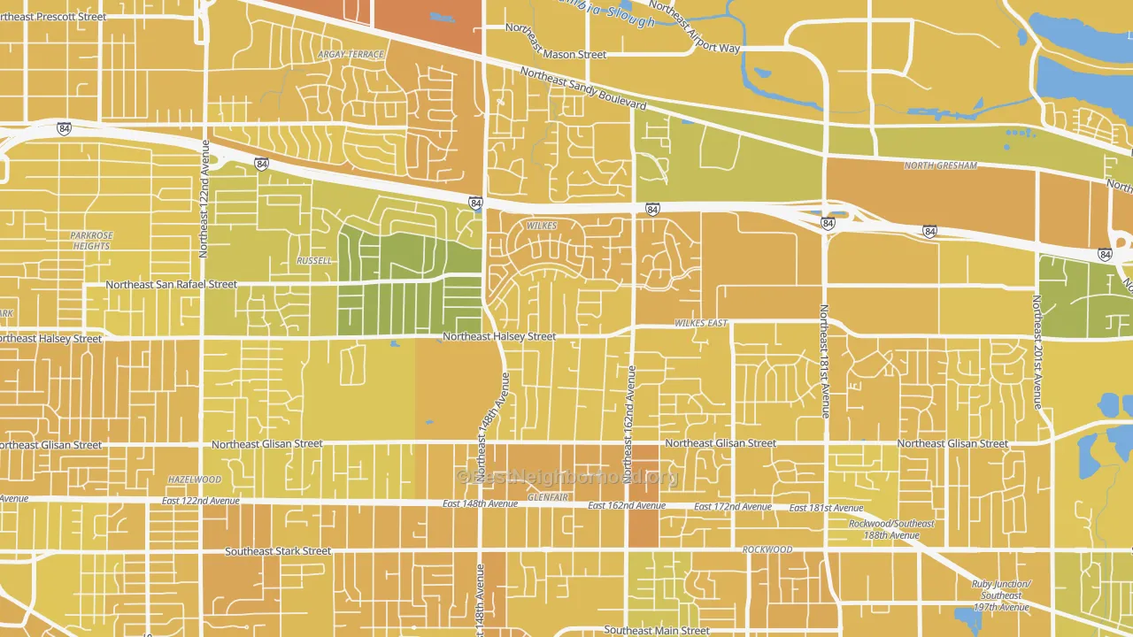 Map of the best neighborhoods in the Wilkes, Portland area, with better matches in green and worse matches in red