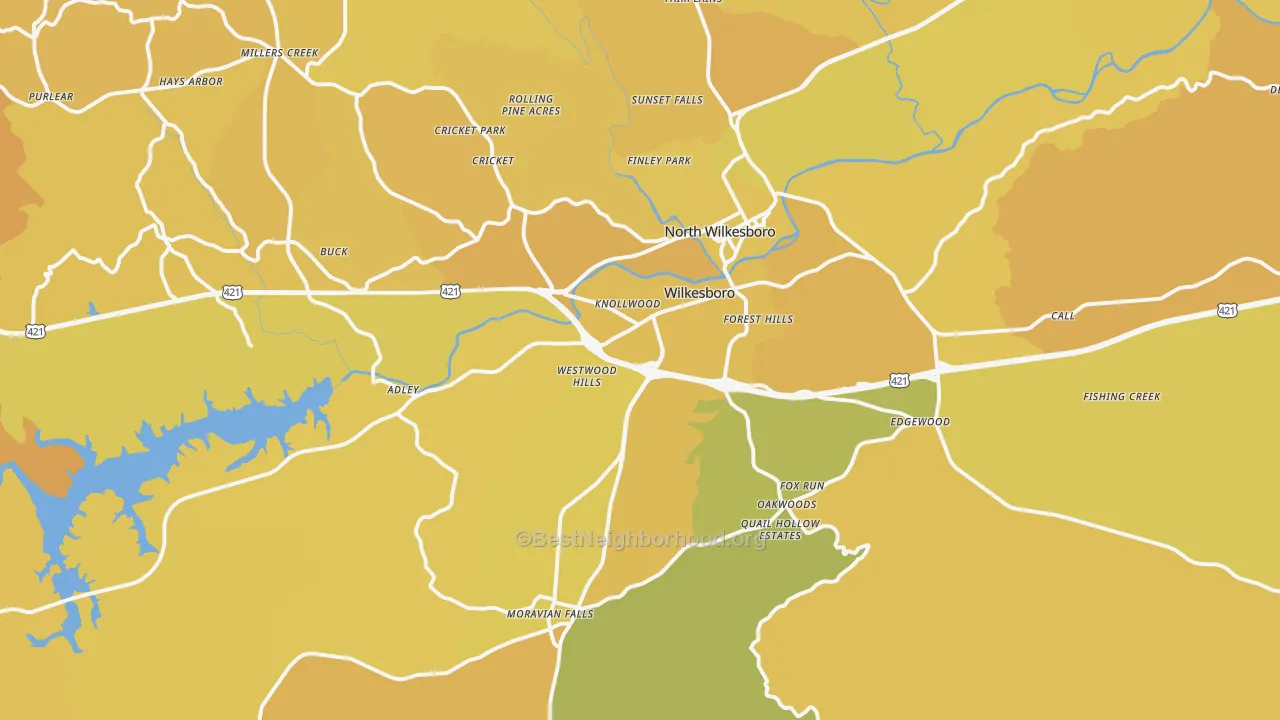 Map of the best neighborhoods in the Wilkesboro area, with better matches in green and worse matches in red