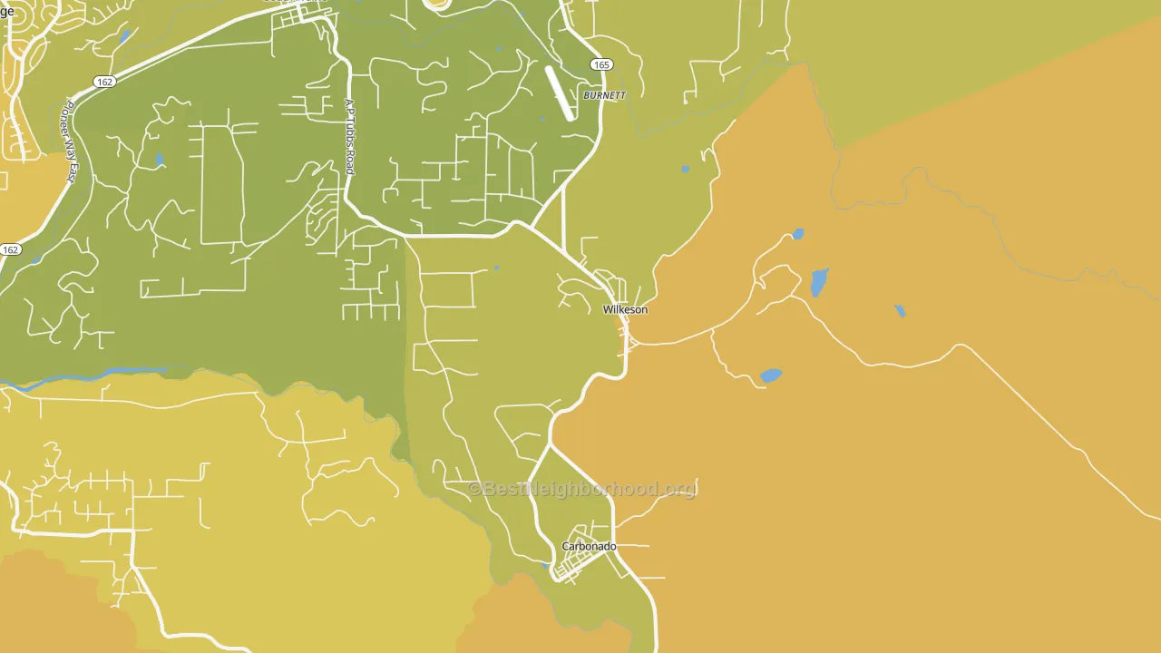 Map of the best neighborhoods in the Wilkeson area, with better matches in green and worse matches in red