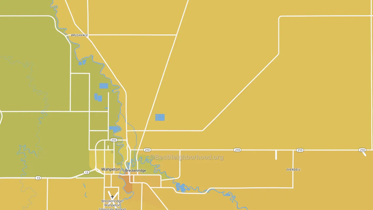 Map of the best neighborhoods in the Wilkin County area, with better matches in green and worse matches in red