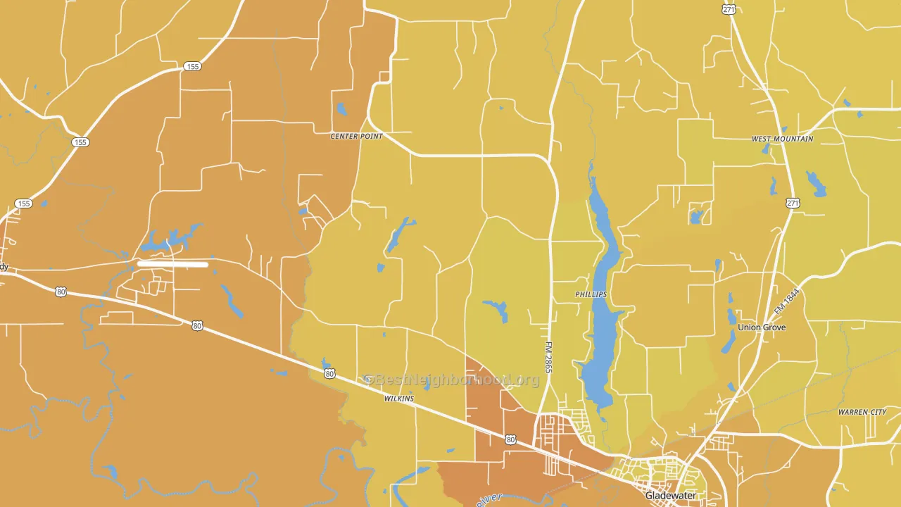 Map of the best neighborhoods in the Wilkins area, with better matches in green and worse matches in red