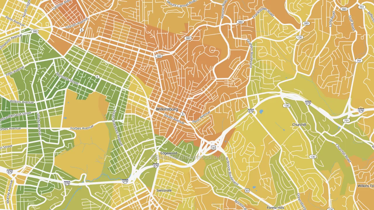 Map of the best neighborhoods in the Wilkinsburg area, with better matches in green and worse matches in red