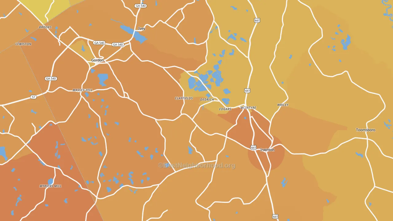 Map of the best neighborhoods in the Wilkinson County area, with better matches in green and worse matches in red