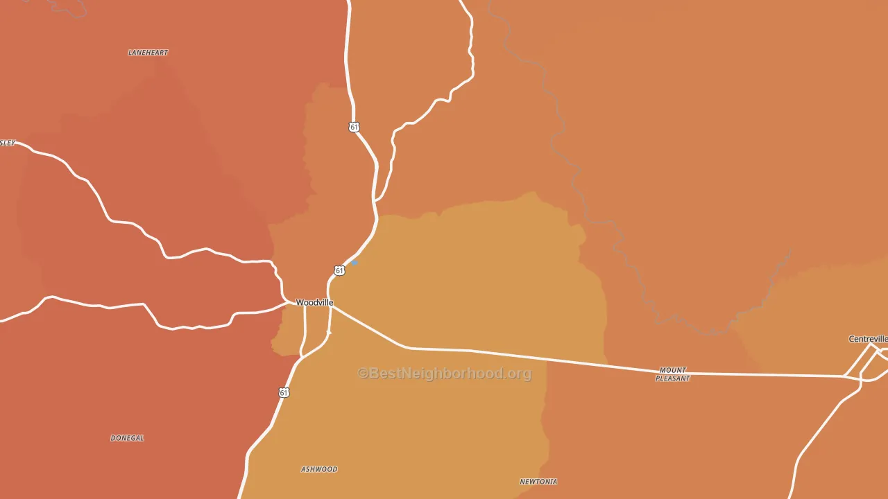 Map of the best neighborhoods in the Wilkinson County area, with better matches in green and worse matches in red