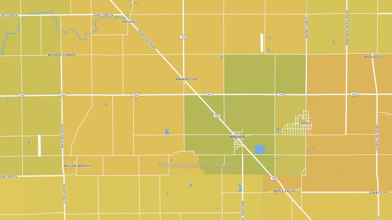 Map of the best neighborhoods in the Wilkinson area, with better matches in green and worse matches in red