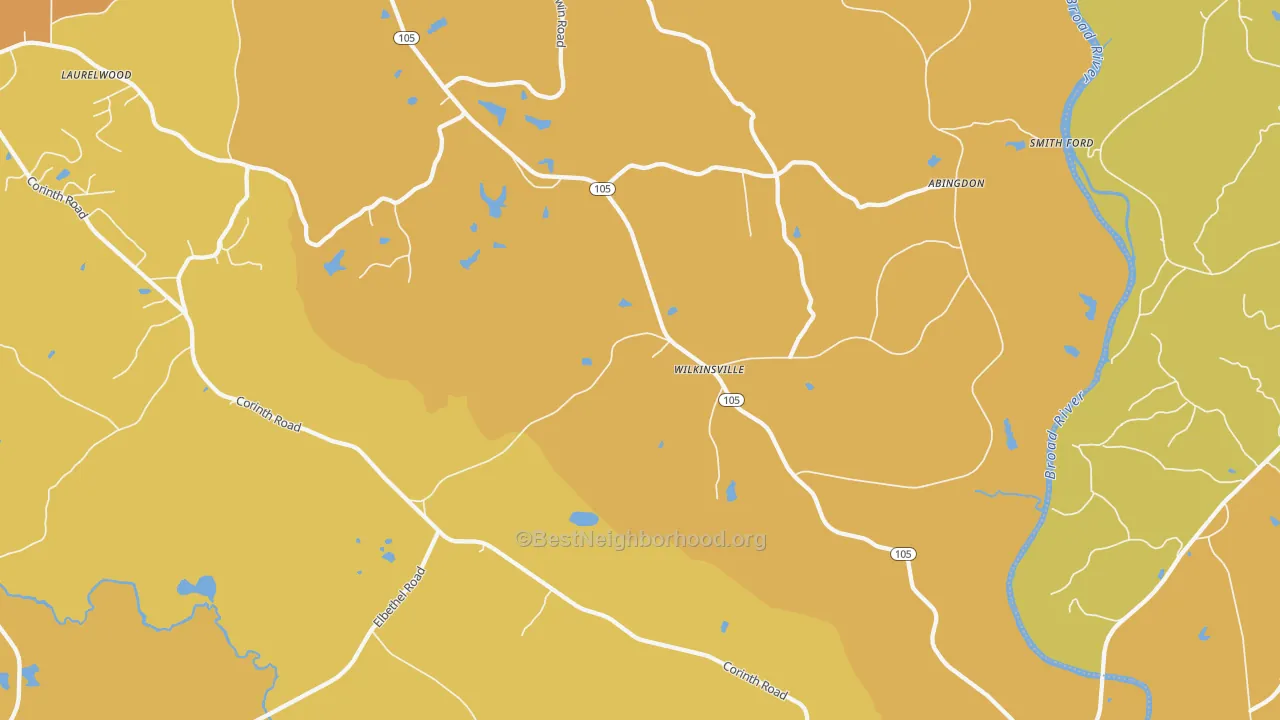 Map of the best neighborhoods in the Wilkinsville area, with better matches in green and worse matches in red