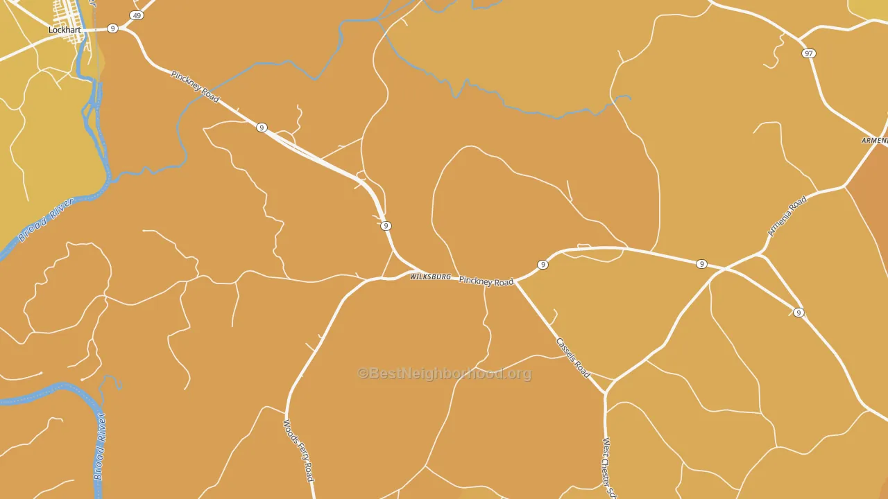 Map of the best neighborhoods in the Wilksburg area, with better matches in green and worse matches in red