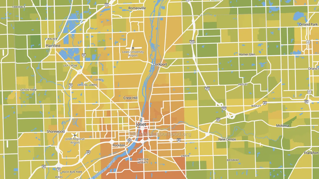 Map of the best neighborhoods in the Will County area, with better matches in green and worse matches in red