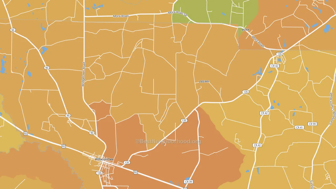 Map of the best neighborhoods in the Willacoochee area, with better matches in green and worse matches in red