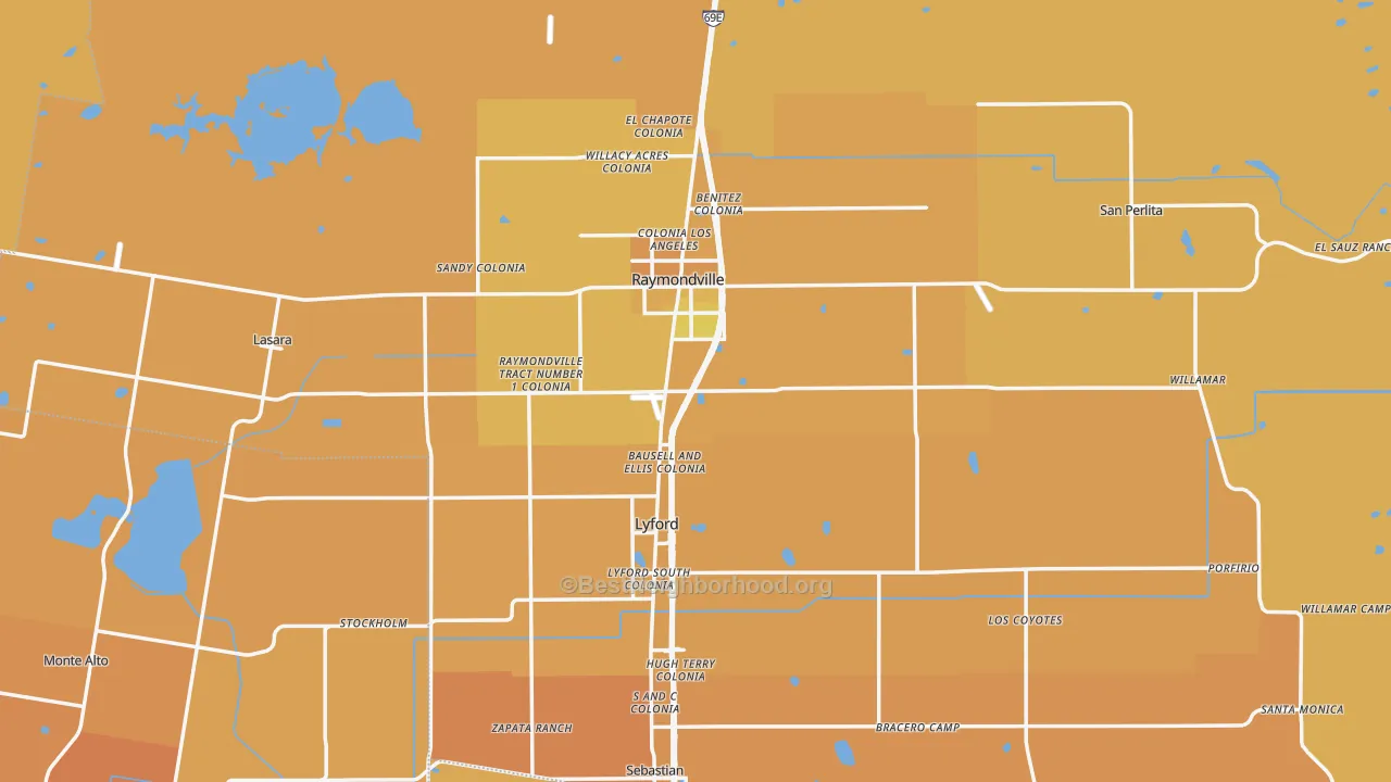 Map of the best neighborhoods in the Willacy County area, with better matches in green and worse matches in red