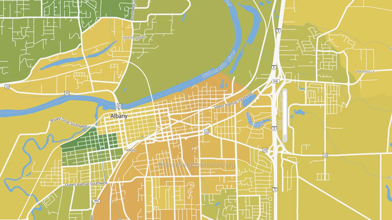 Map of the best neighborhoods in the Willamette, Albany area, with better matches in green and worse matches in red