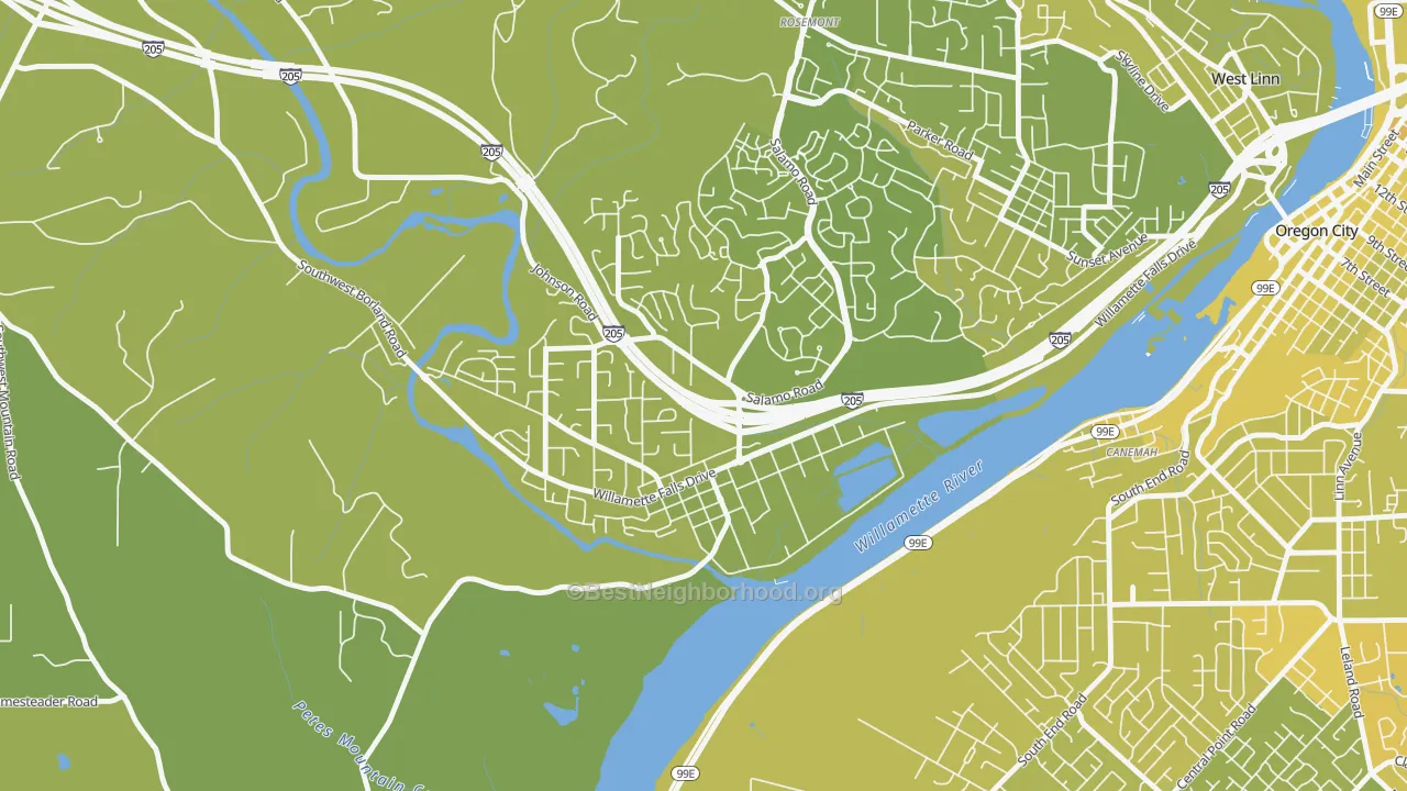 Map of the best neighborhoods in the Willamette-West Linn, West Linn area, with better matches in green and worse matches in red