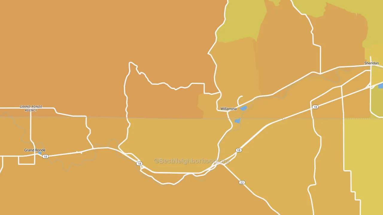 Map of the best neighborhoods in the Willamina area, with better matches in green and worse matches in red