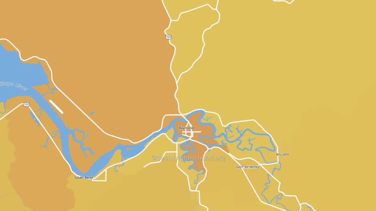 Map of the best neighborhoods in the Willapa area, with better matches in green and worse matches in red